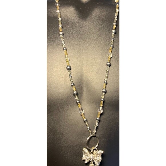 Unbranded Accessories - Beaded Lanyard ID Badge Holder Pewter Beads Butterfly Charm Chain Approx 32"